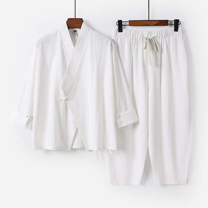 Herren Atmungsaktives Leinen-Baumwoll Lounge-Set mit asymmetrischem V-Kragen und elastischer Kordelhose Drune