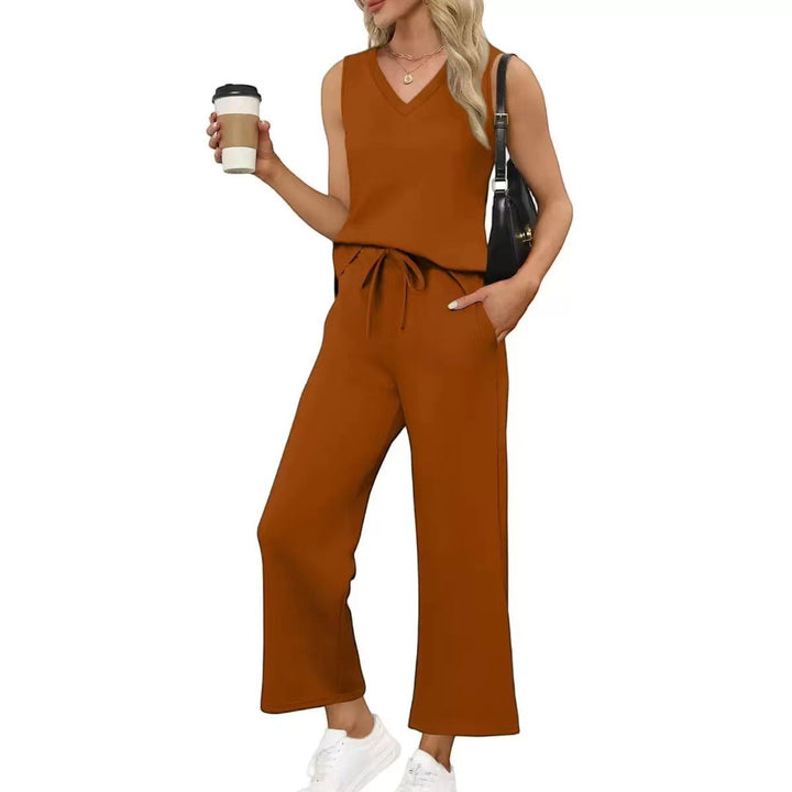 Damen Lässiges Zweiteiliges Lounge-Set mit Ärmellosem V-Neck-Top und Weiten Kordelbund-Hosen Drune