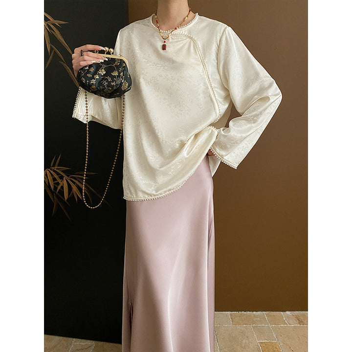 Damen Elegantes Oberteil mit weitem Schnitt und Perlendetails Drune