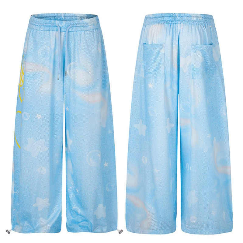 Damen Weite Mesh‑Palazzo‑Loungehose mit elastischem Komfortbund und Stern-Bubble-Print Drune