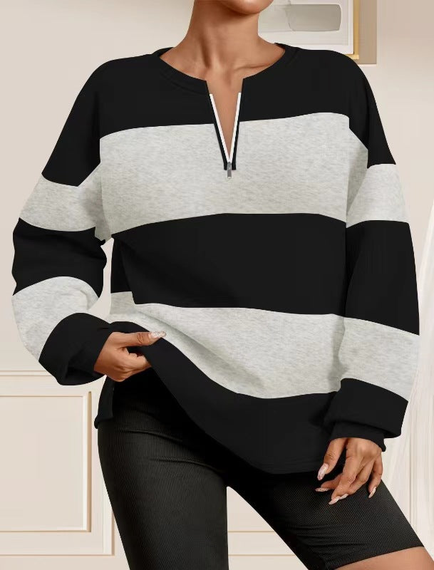 Damen modischer Sweatpullover mit Reißverschluss und gestreiftem Design Drune