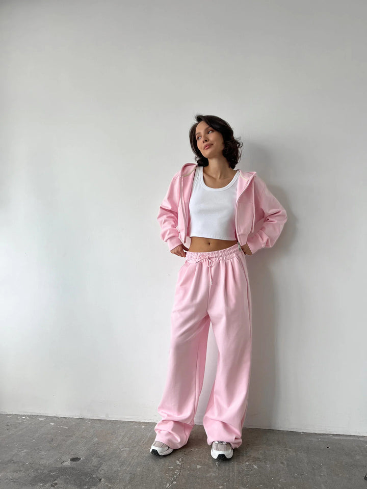 Damen kurzes Zip-Kapuzenjacken- und High-Waist Wide-Leg Jogginghose Set aus weichem French Terry Drune