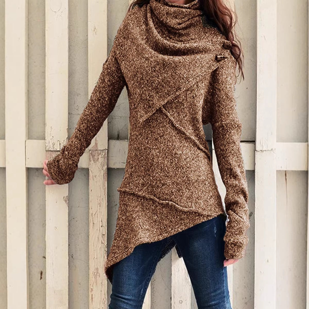 Damen asymmetrischer Boucle-Strickpullover mit großem Schalfkragen Drune
