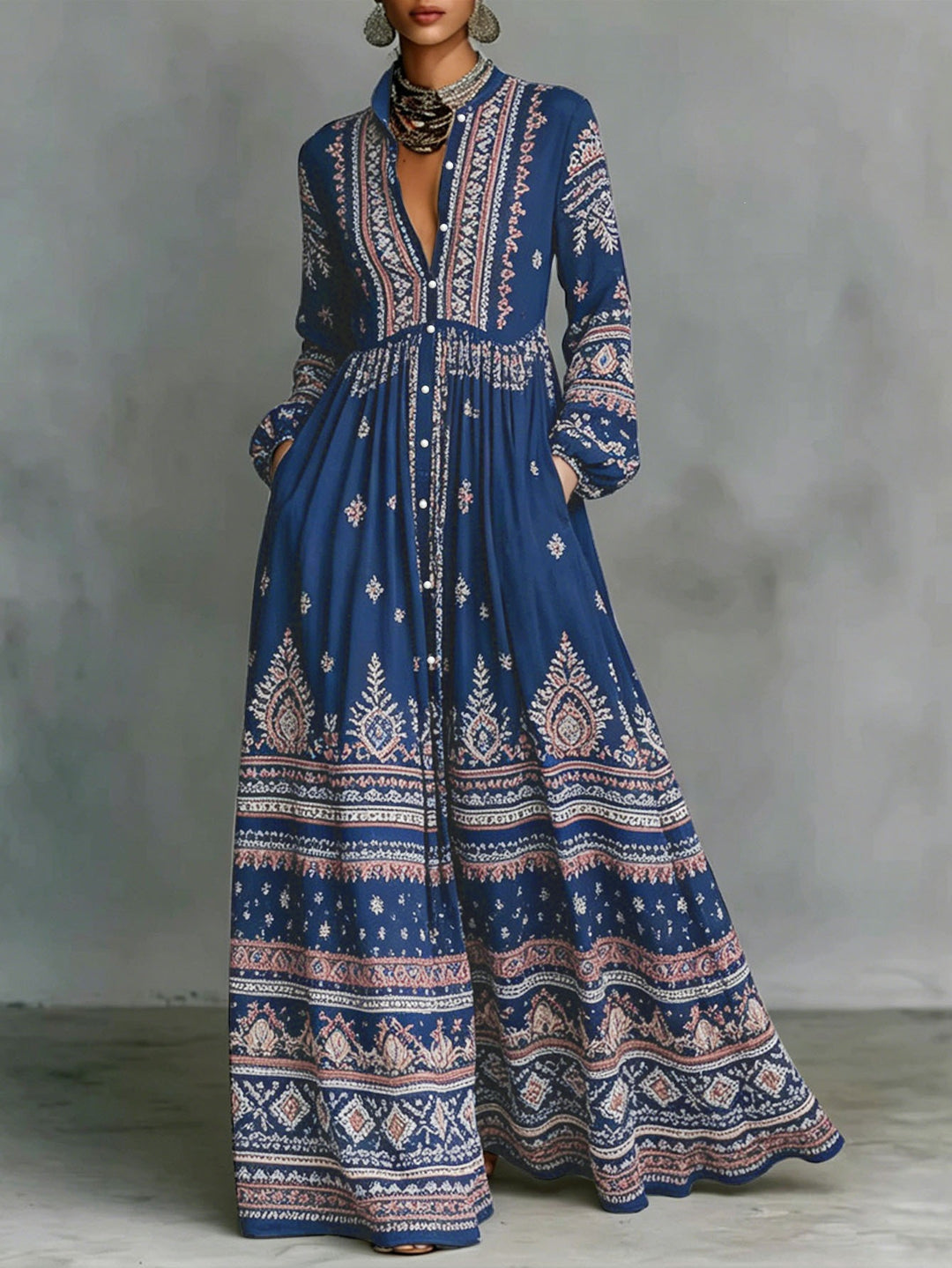 Damen Maxikleid im Boho‑Ethno‑Stil mit Stehkragen, durchgehender Knopfleiste und Eingrifftaschen Drune
