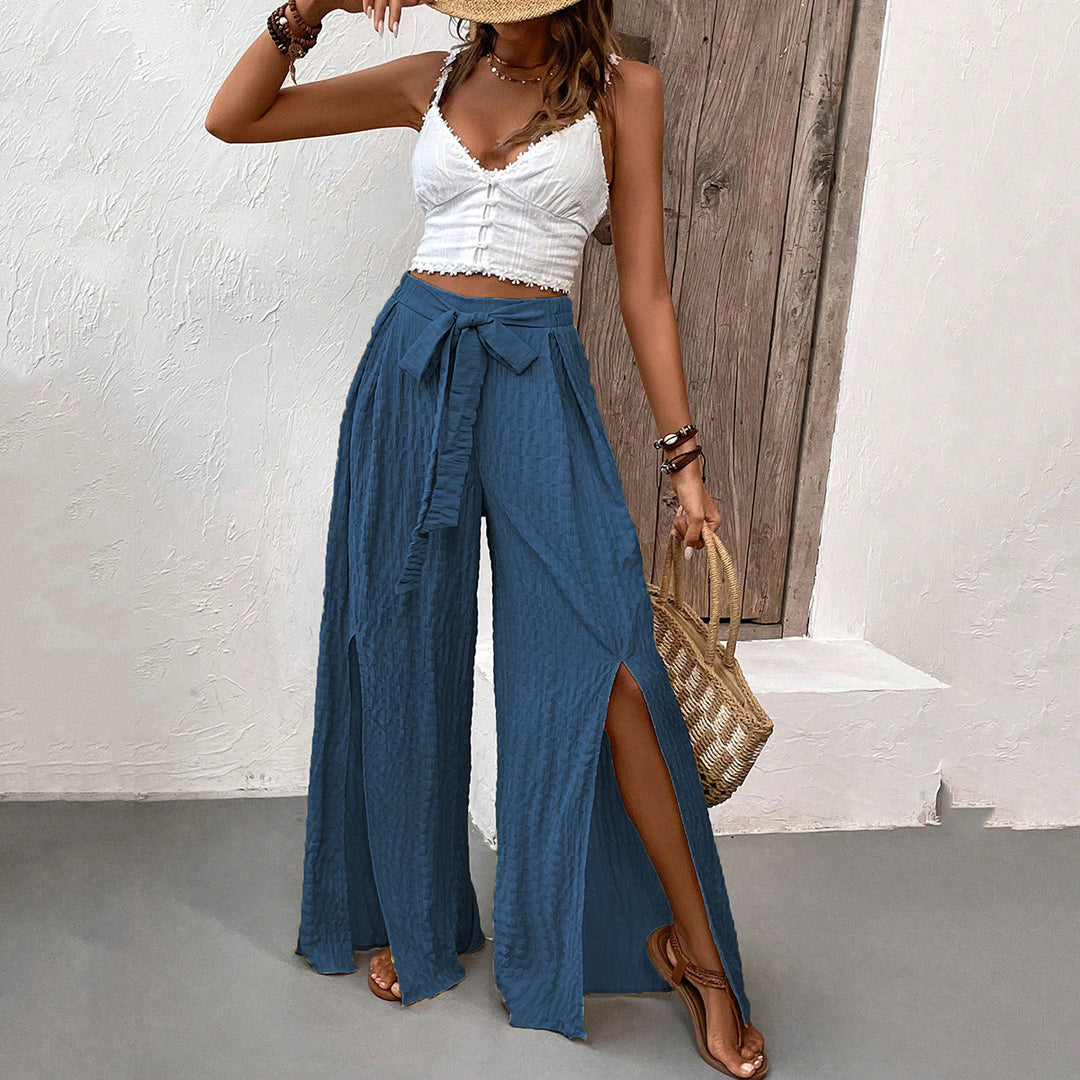 Damen elegante weite Sommerhose mit seitlichen Schlitz und Bindegürtel Drune