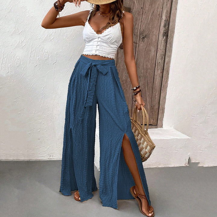 Damen elegante weite Sommerhose mit seitlichen Schlitz und Bindegürtel Drune