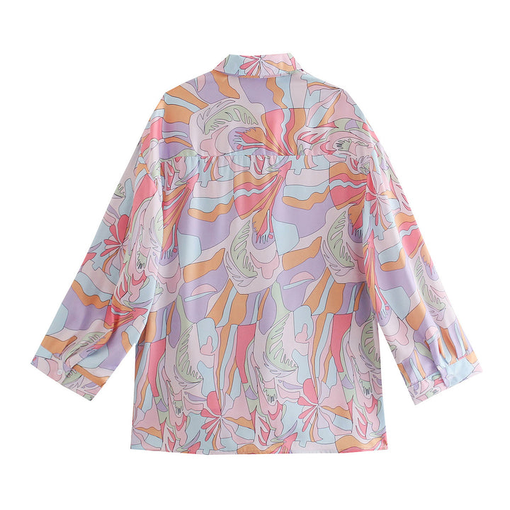 Damen Oversize-Hemdbluse mit abstraktem Allover-Print, leichtes Chiffon-Top, langärmelig Drune