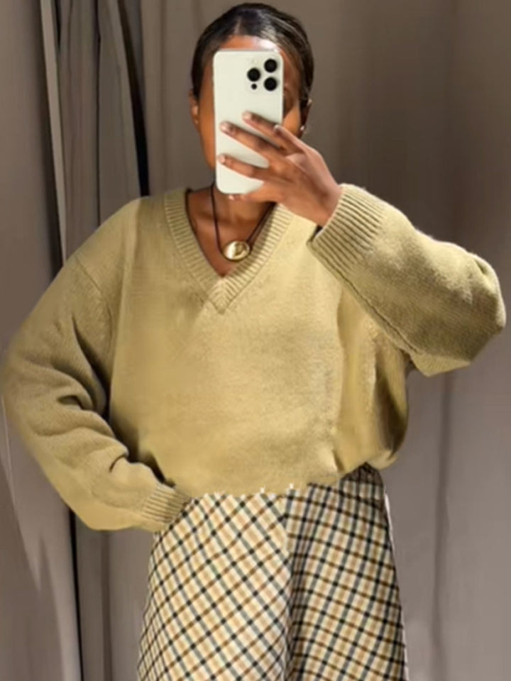 Damen Oversized V-Ausschnitt Strickpullover mit geripptem Saum Drune
