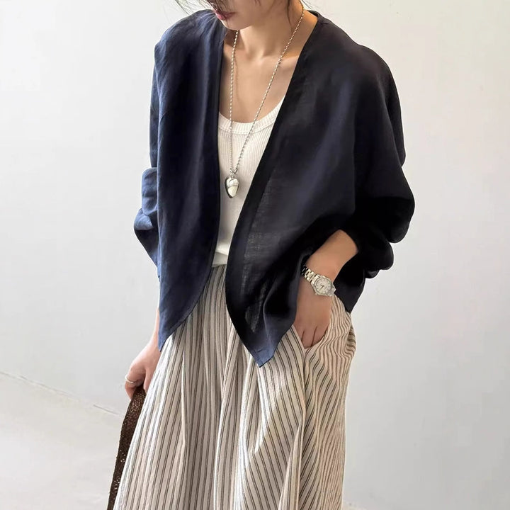 Damen Oversize-Kimonojacke aus Leinenmix mit offenem Fall und weiten Ärmeln Drune