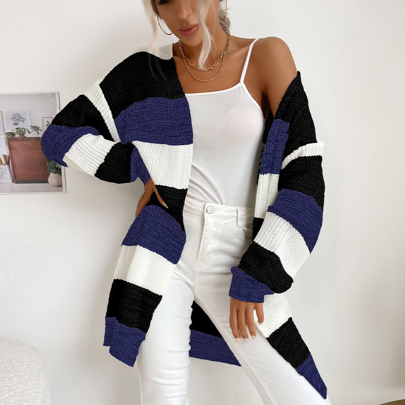 Damen Langer Oversize-Strickcardigan mit Blockstreifen und offener Front Drune