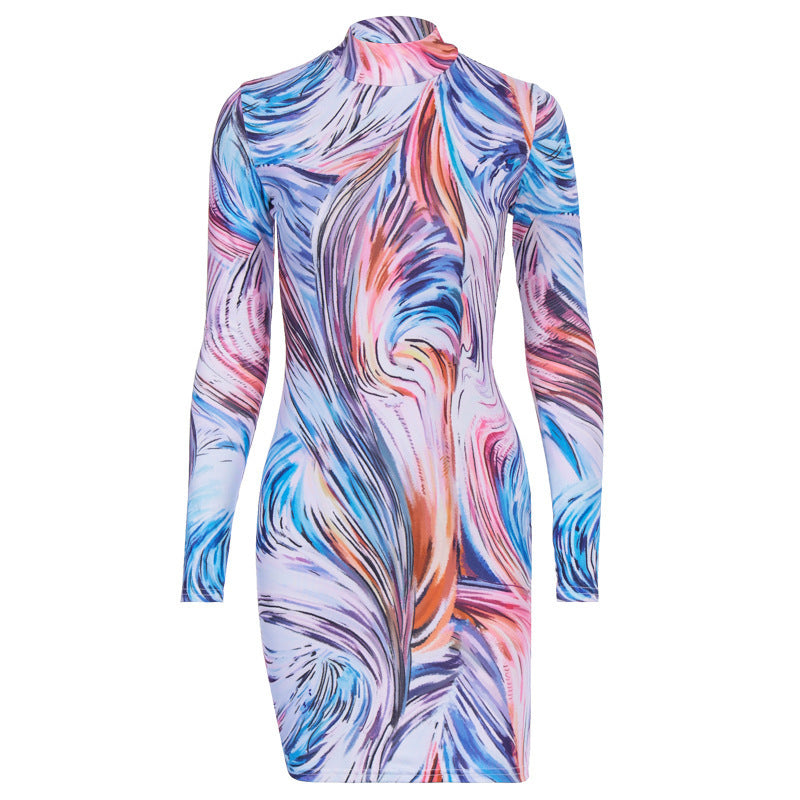 Damen Figurbetontes Mini-Kleid mit elegantem Stehkragen und buntem Marmormuster Drune