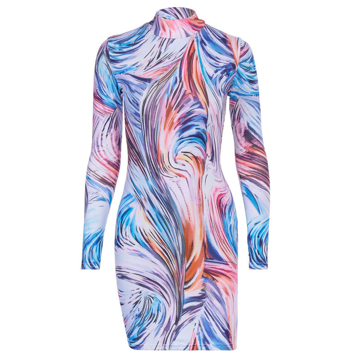 Damen Figurbetontes Mini-Kleid mit elegantem Stehkragen und buntem Marmormuster Drune