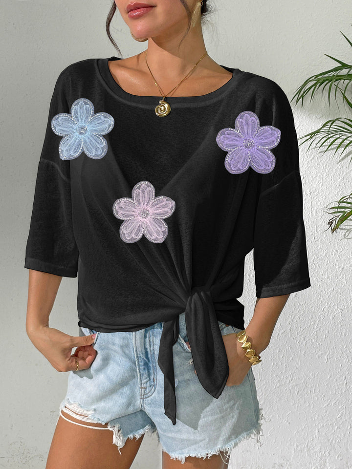 Damen lässiges Oberteil mit floralem Design und seitlichem Knoten Drune