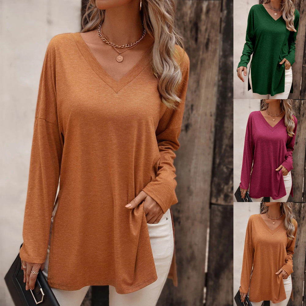 Damen lässige V-Neck Longsleeve-Tunika mit Seitenschlitzen und relaxed Fit Drune