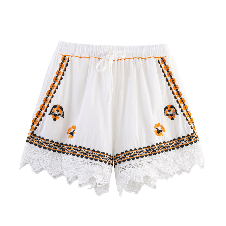 Damen Bestickte Boho-Bluse mit weiten Glockenärmeln und Spitzensaum Drune