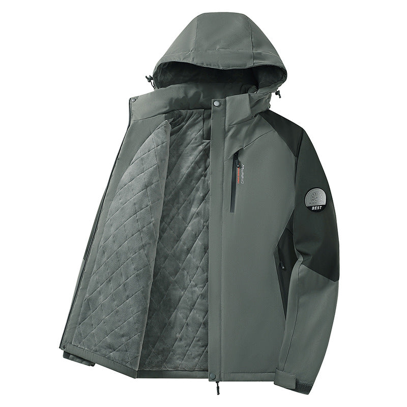 Herren zweifarbige Softshell-Outdoorjacke mit winddichter Membran, verstellbarer Kapuze und verdeckter Brusttasche Drune
