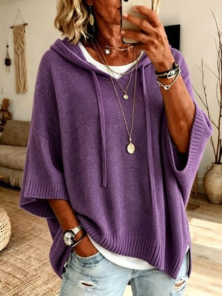 Damen nan Oversize Strickponcho mit Kapuze und kurzen Ärmeln Drune