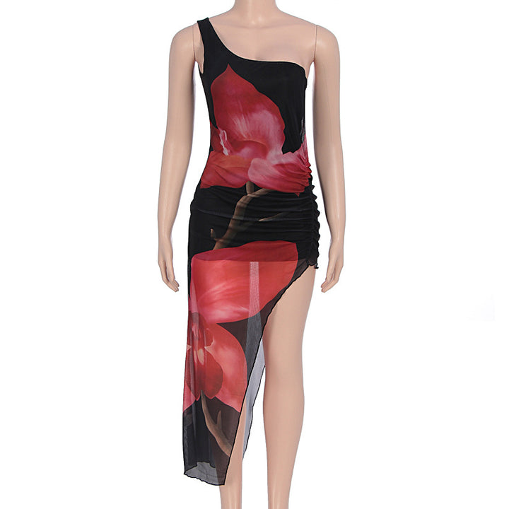Damen asymmetrisches Maxikleid mit floralen Rüschen und seitlichem Schlitz Drune