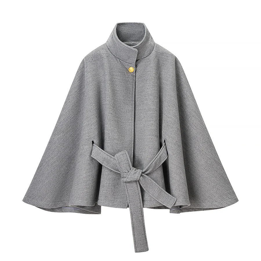 Damen nan taillierter Wollcape-Mantel mit Stehkragen Bindegürtel und verdeckter Knopfleiste Drune