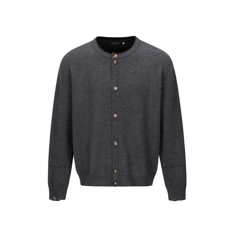 Unisex Boxy Strick-Cardigan mit Rundhals, durchgehender Knopfleiste und gerippten Abschlüssen Drune
