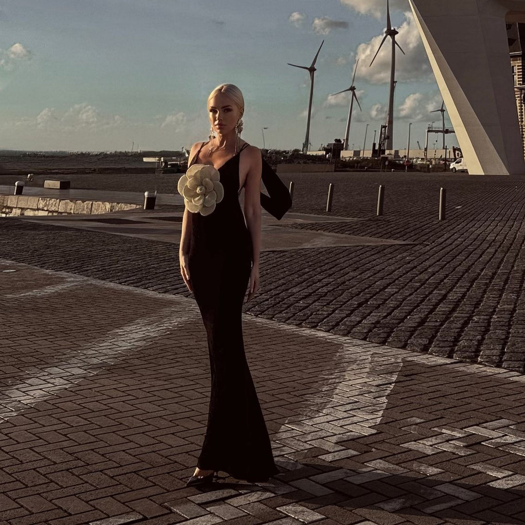 Damen Figurbetontes Abendkleid mit einzigartiger Blütenapplikation Drune