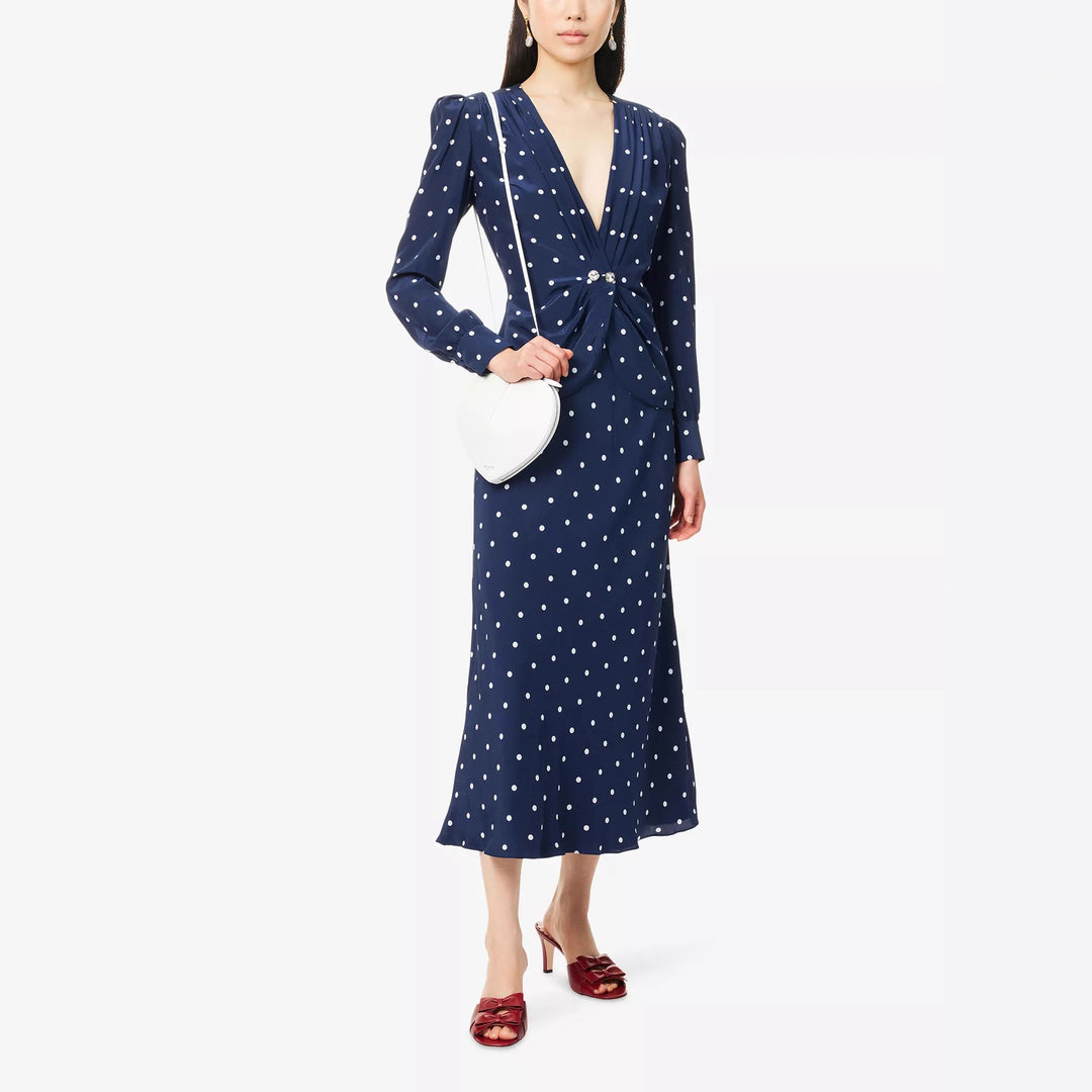 Damen Midikleid mit Punkteprint, tiefem V‑Ausschnitt, Wickelraffung und langen Ärmeln Drune