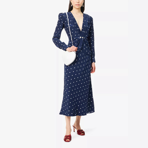 Damen Midikleid mit Punkteprint, tiefem V‑Ausschnitt, Wickelraffung und langen Ärmeln Drune