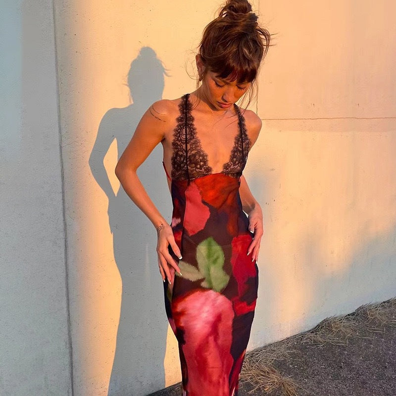 Damen Maxikleid mit raffiniertem Spitzenbesatz und floralen Mustern Drune