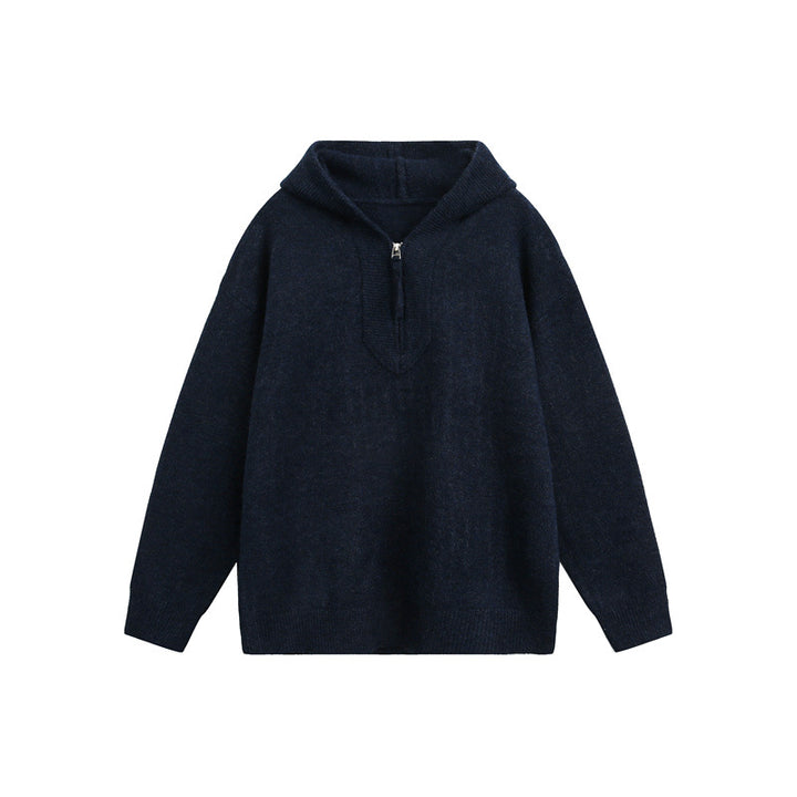 Damen Oversize-Strickpullover mit halbem Reißverschluss und Kapuzenkragen Drune