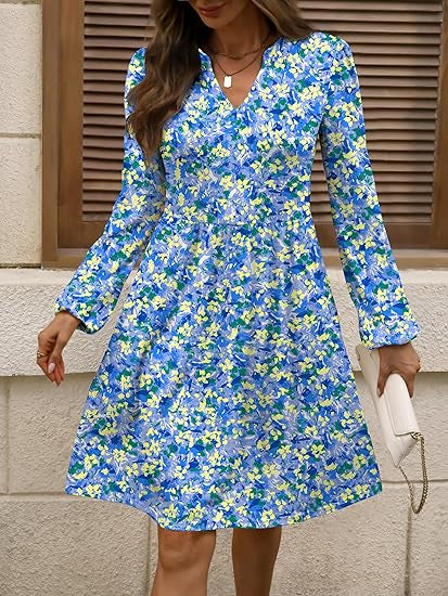 Damen Polka‑Dot A‑Linien Kleid mit V‑Ausschnitt und Taillennaht Drune