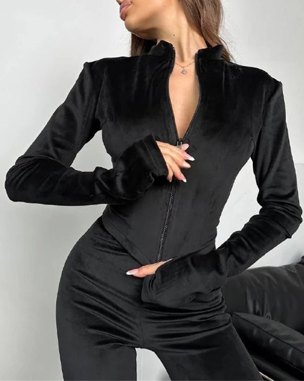 Drune | Mode Wildleder Enganliegende Strickjacke und Elastische Hose Zweiteiler Satz