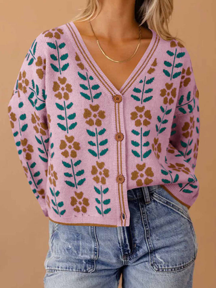 Damen Strickjacke mit floralem Design und Knopfdetails Drune