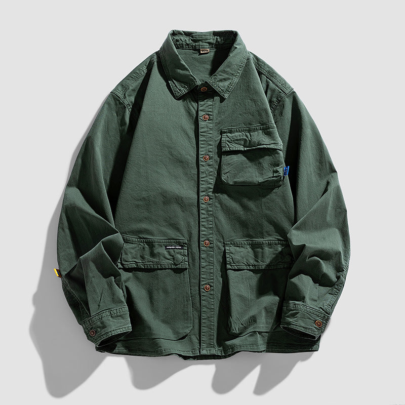 Herren Lockere Utility-Overshirt-Jacke mit Mehrfach‑Taschen aus robustem Baumwoll‑Twill Drune