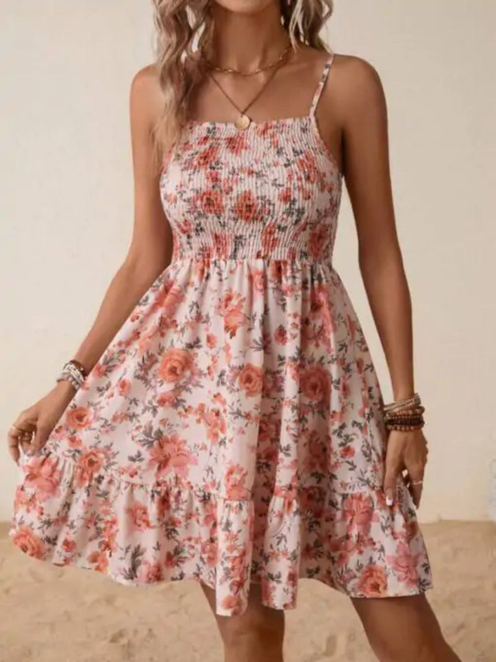 Damen Floral Sommerkleid mit schwingendem Rock und Spaghetti-Trägern Drune