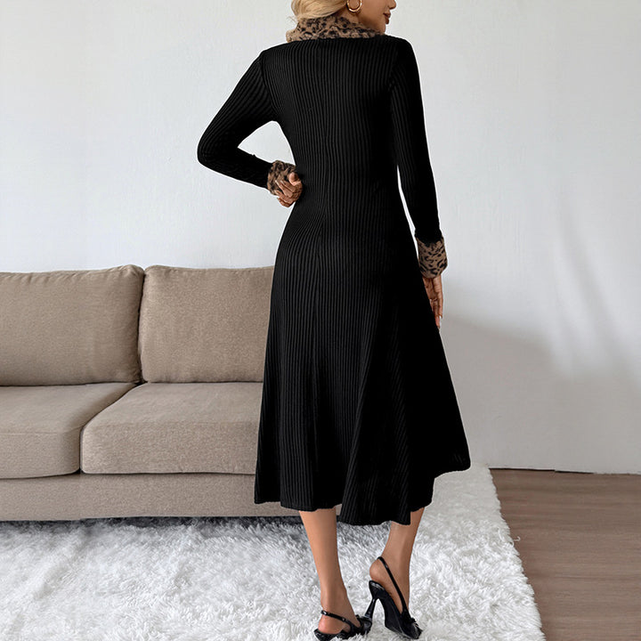 Damen Figurbetontes Rippstrick-Midikleid mit V-Ausschnitt, Kunstfell-Kragen und Bündchen Drune