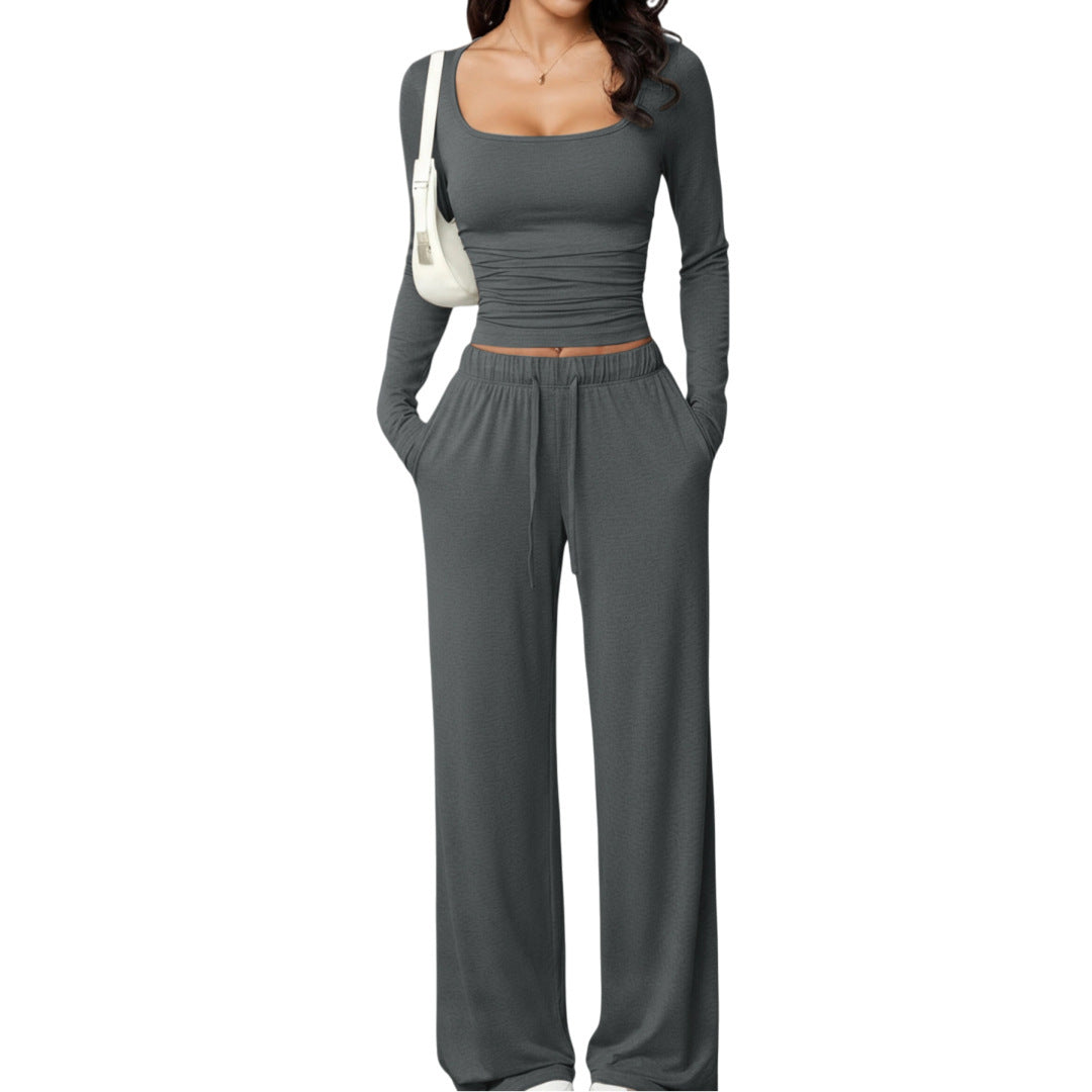 Damen Zweiteiliges Relax-Set mit tailliertem Langarm-Croptop und weiter Jerseyhose Drune