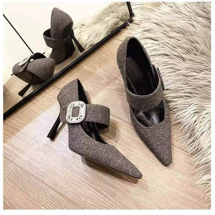 Damen Elegante spitz zulaufende Mary-Jane-Pumps mit Wollfilz-Optik, schmalem Stiletto und Kristall-Schnalle Drune