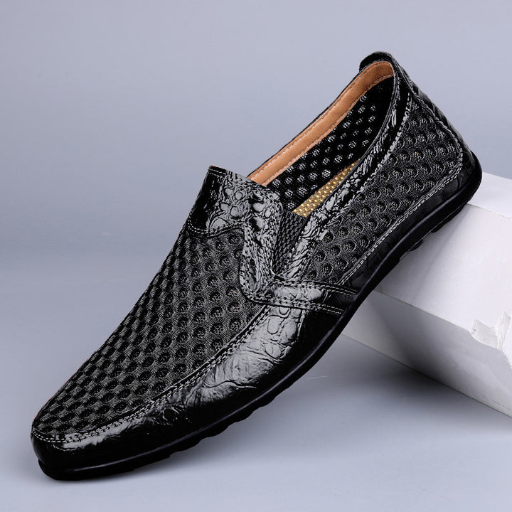 Herren Atmungsaktiver Lochleder-Slipper im Mokassin-Stil mit flexibler Gummisohle Drune