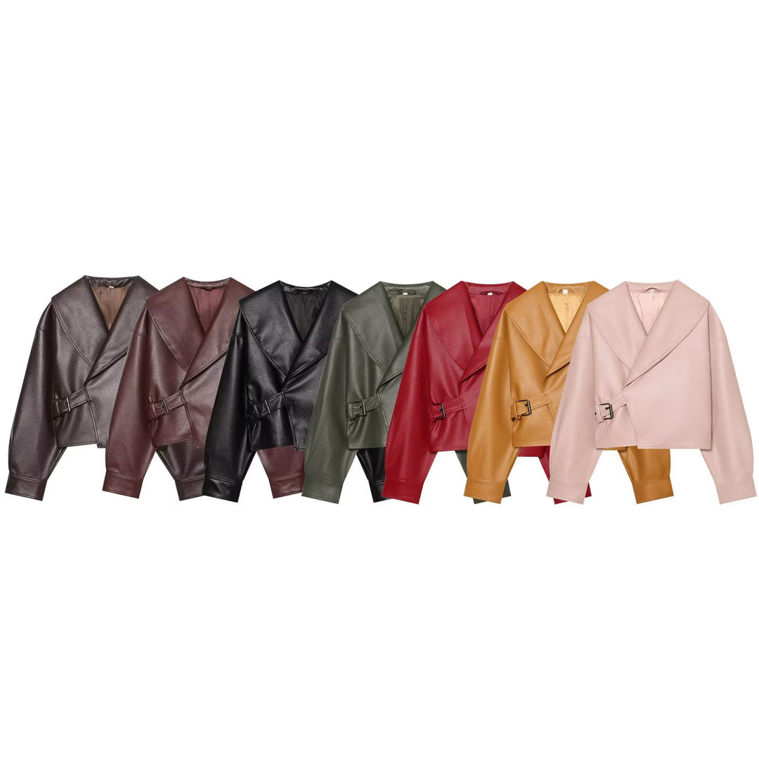 Damen Cropped Kunstlederblouson mit großem Schalkragen und Taillenband Drune