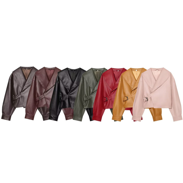 Damen Cropped Kunstlederblouson mit großem Schalkragen und Taillenband Drune