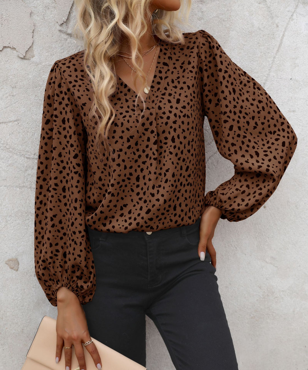 Damen Leichte Viskose-Bluse mit V‑Ausschnitt, elastischen Manschetten und Animal‑Print Drune