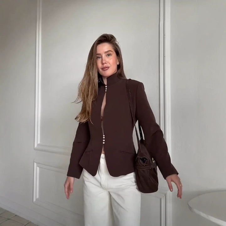 Damen Taillierter Blazer mit Stehkragen und Perlenknopf-Leiste Drune