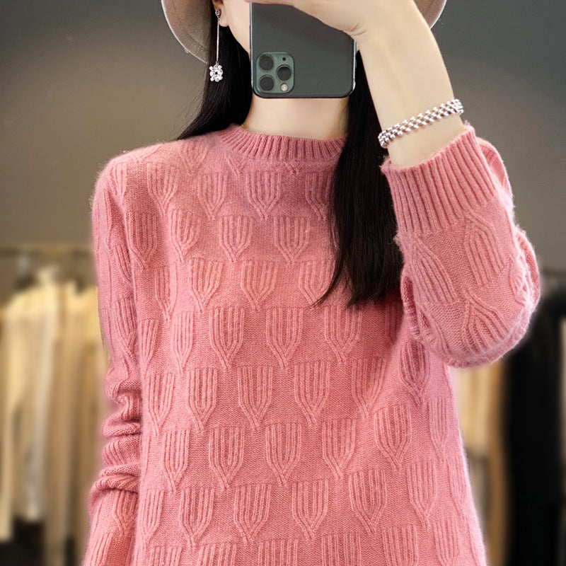 Damen Weicher Mohair‑Look Rundhalspullover mit erhabener Tulpenstruktur Drune