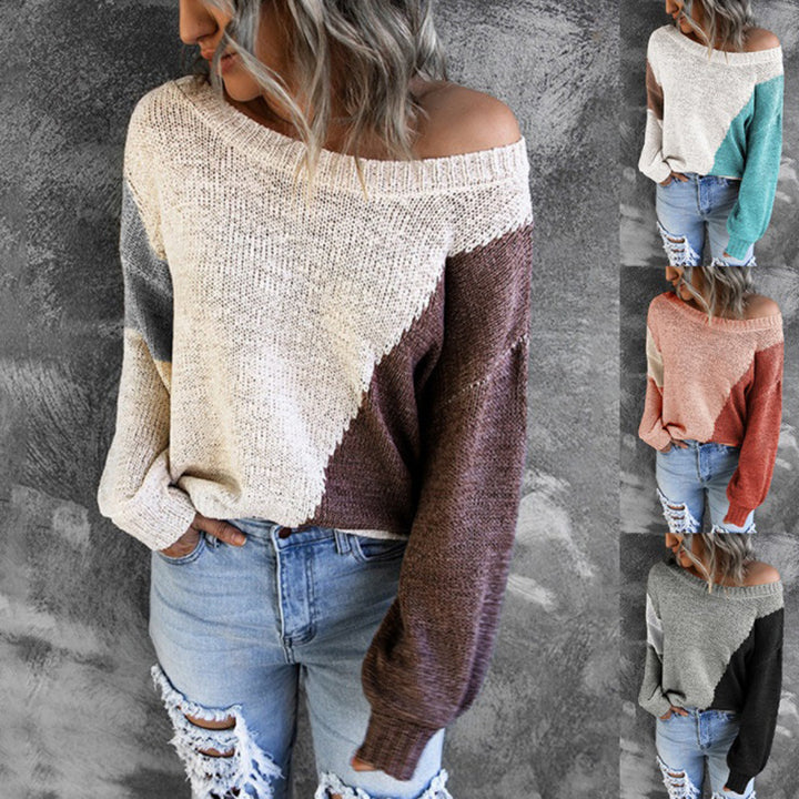 Damen Oversize Strickpullover mit Carmenausschnitt und Colorblock-Design Drune