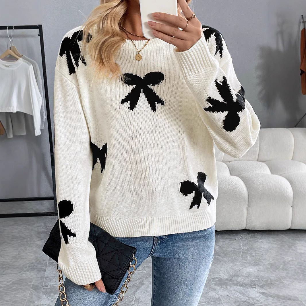 Damen Gestrickter Rundhals-Pullover mit Schleifen-Jacquard und relaxed Fit Drune