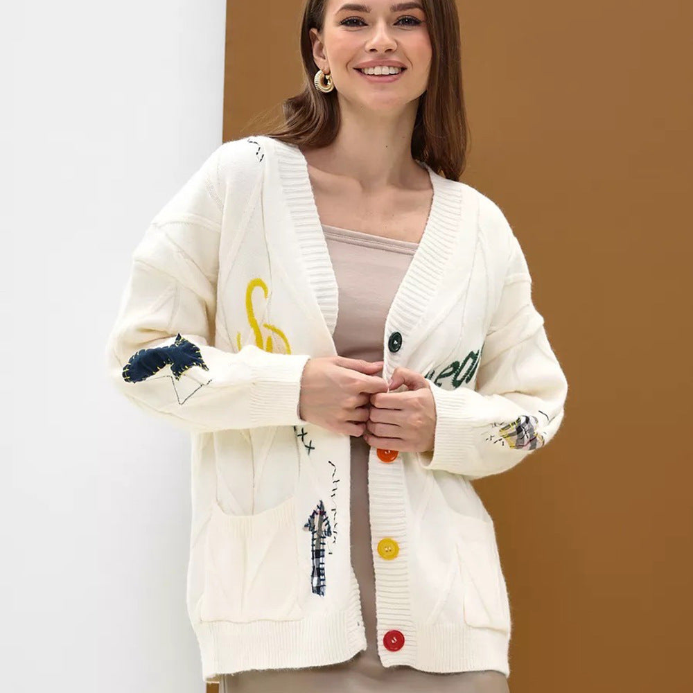 Damen Strickjacke mit bunten Stickereien Drune