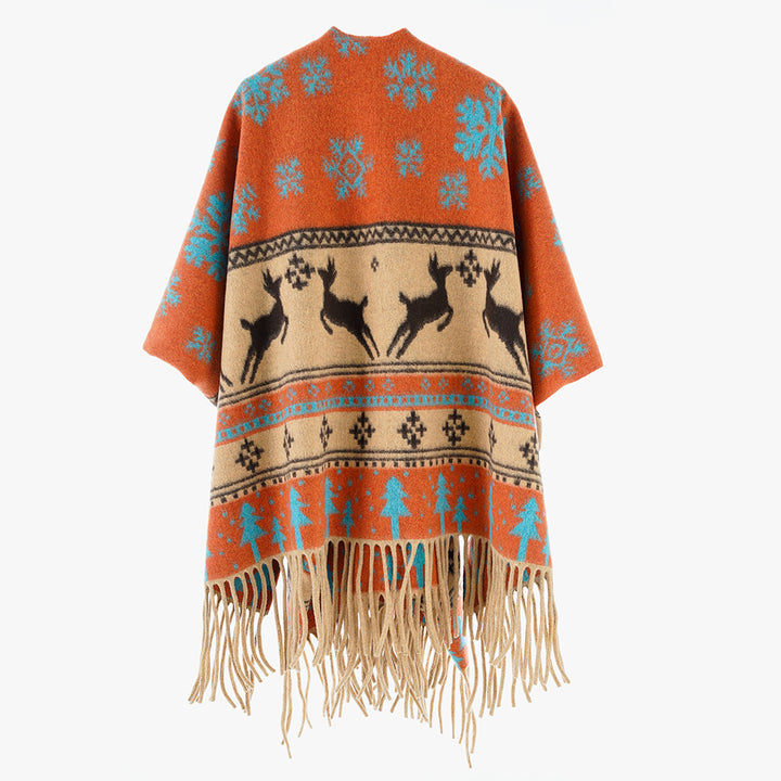 Damen Oversize-Poncho mit Norweger-Motiv und Fransen aus Wollmix Drune