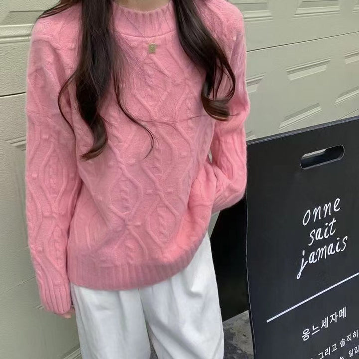 Damen gemütlicher Grobstrickpullover mit Zopfmuster und hohen Bündchen Drune