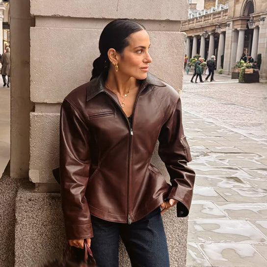 Damen Lederjacke mit tailliertem Schößchen, Reißverschluss & großem Hemdkragen Drune