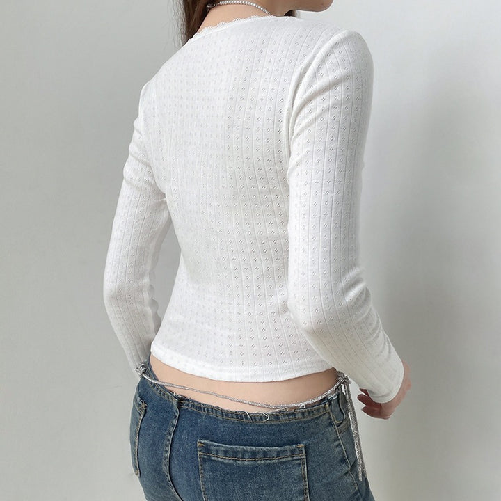 Damen Tailliertes Rippstrick-Cropped-Longsleeve mit Spitzenkante Drune